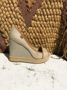 Alpargata Tory Burch Marrón Lona Punta abierta Cuerda Tejido Tacón de Cuña Talla 9.5 - Imagen 1 de 8