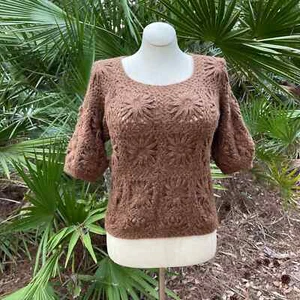 Vintage 70s Brown Crochet Sweater Soft Cotton Blend Coop St Maria Size M L XL - Picture 1 of 7