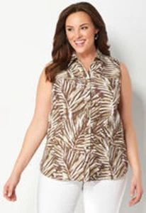 LINEN FERN SHIRT Sleeveless CJ BANKS  button up top blouse brown tan XL - Picture 1 of 4