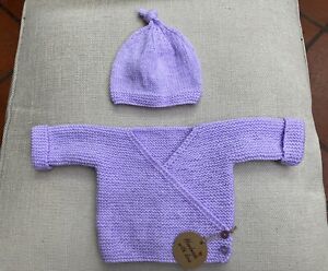 Lovely hand knitted French style baby wrap cardigan and Hat, 0-3 mnths