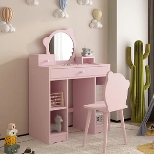 Kids Pink Vanity Set Little Girl Makeup Vanity Table with a Bear-Shape Chair - Picture 1 of 7