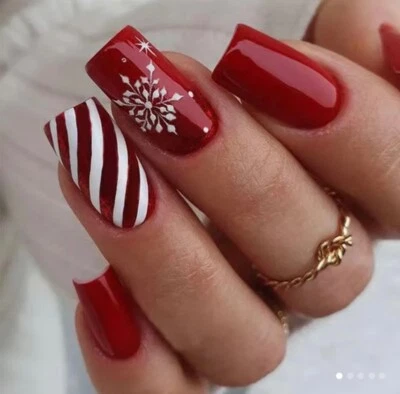 24 Medium Square Red Christmas Snowflake Stripes Press On False Nails Brand New