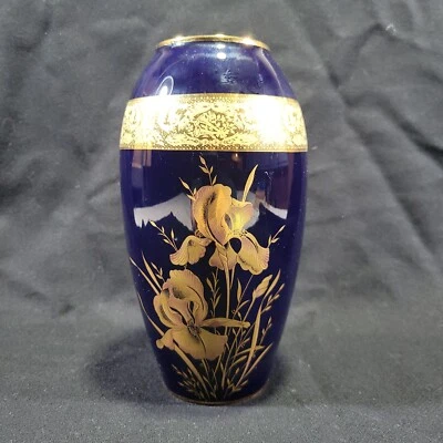 Jarrón Imperia Limoges Cobalto Oro 22K Motivo Iris 7 1/2 pulgadas Alto Hecho en Francia Foto 1 de 4