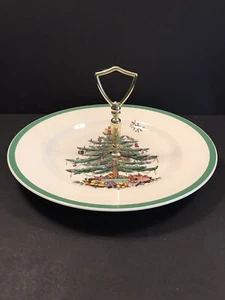 SPODE CHRISTMAS TREE Tidbit Cookie DIsh With Metal Handle - Picture 1 of 6