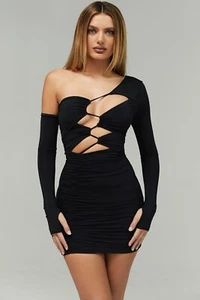 Mistress Rocks - Flame Dress - Black Jersey Asymmetric Cutout Mini Dress- Med - Picture 1 of 4