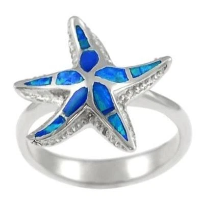 Anillo encantador de estrella de mar de ópalo de vida marina con incrustaciones de fuego azul hawaiano de plata esterlina 925 Foto 1 de 2