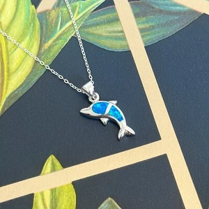 Lucky Blue Opal Dolphin Solid 925 Sterling Silver Pendant Necklace Gift - Picture 1 of 3