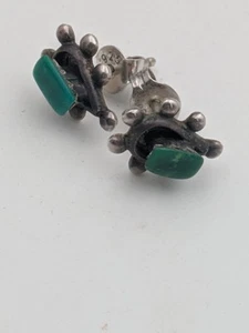 Vintage Green Onyx Stone Sterling Silver 925 Mexico Stud Modernist Earrings - Picture 1 of 8