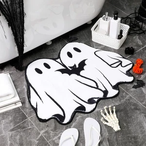 Halloween Bath Rug 31.4 Inch Ghost Bat Pattern Goth Bath Mat Spooky Black Whi... - Picture 1 of 6