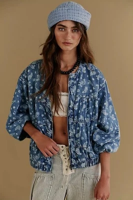 Free People Layla Printed Denim Bomber Jacket Womens M Floral Vintage Boho 90s - Image 1 of 4