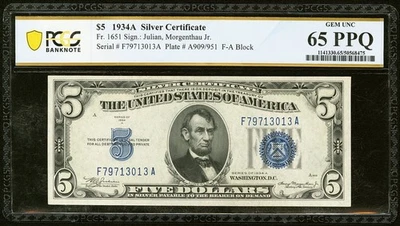 Fr. 1651 $5 1934A Silver Certificate. PCGS Banknote Gem Unc 65 PPQ; - Image 1 of 2