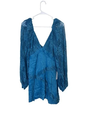 For Love & Lemons Dress Womens XS Teal Blue Lace Long Sleeve Ruffle Mini Party - Image 1 of 4