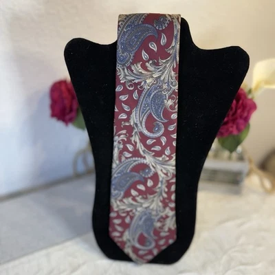 Henry Grethel 100% 意大利丝绸男式领带佩斯利深勃艮第蓝色 — 第 1/4 张图片