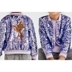 H&M Girls Purple Playful Flip Sequin Bomber Jacket Whimsical Cat Design Sz10-12 - Picture 1 of 20