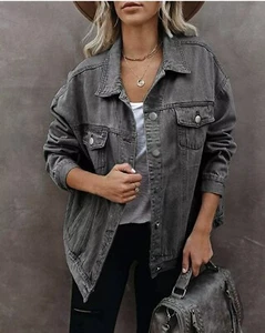 BZB Women's Boyfriend Denim Jacket Washed Grey Long Sleeve Jean Coat, Medium - Picture 1 of 5