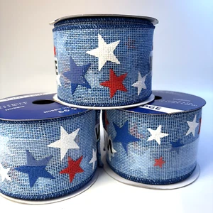 Lot of 3 - Premium Patriotic Wired Edge Ribbon - 2.5" Burlap Mesh - 4th of July - Picture 1 of 2