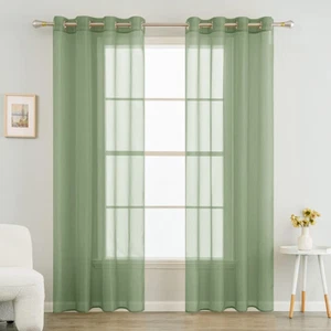 2 Panels Solid Color Green Sheer Curtains 90 Inch Length Set Elegant Grommet - Picture 1 of 9