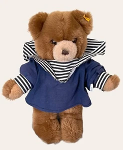 STEIFF Cosy 10-inch Teddy Bear Brown and Beige with Ear Button + Navy Sailor Top - Picture 1 of 12