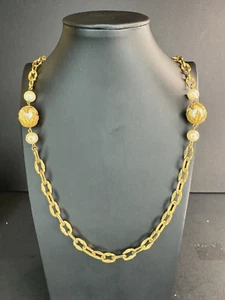 Vintage Miriam Haskell Signed 30" Long Faux Pearl Chain Link Gold Tone Necklace - Picture 1 of 9