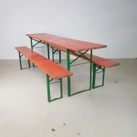 VINTAGE INDUSTRIAL GERMAN BEER TABLE BENCH SET GARDEN FURNITURE ORANGE Cover