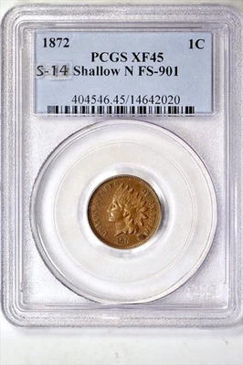 1872 Indian Cent PCGS -Shallow N, XF 45, S-14 - Image 1 of 3