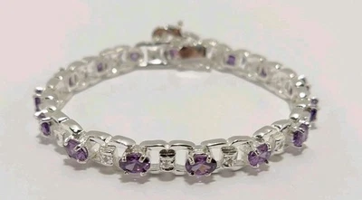 Beautiful Vintage GENUINE NATURAL AMETHYST GEMSTONE 925 Sterling Silver Bracelet - Image 1 of 4