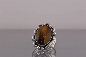 Sterling Silber Oval Tigerauge Cabochon Feder Akzent Bandring 925 Gr: 8 - Bild 1 von 8