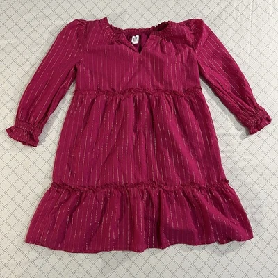 Vestido Gap Niños Niñas M 7 - 8 Rosa Dorado Rayas Manga Larga Volantes Parte Inferior Foto 1 de 4