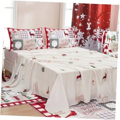 圣诞尺寸床单套装,4 件套假日床上用品和大号米色 — 第 1/4 张图片