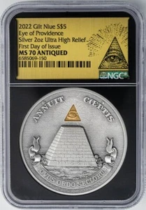 2022 $5 Gilt Niue Eye of Providence FDI MS70 Antique NGC 2oz Silver Coin DC-6928 - Picture 1 of 5