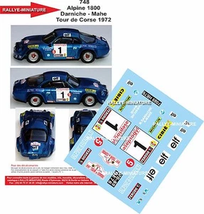 DECALS 1/24 REF 0748 ALPINE RENAULT A110 DARNICHE TOUR DE CORSE 1972 RALLYE - Foto 1 di 1