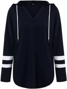 Women's Tunic Sweatshirt Long Sleeve Striped Color Light Weight Hoodie ( Navy-L) - Picture 1 of 6