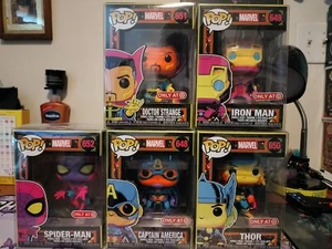 FUNKO POP MARVEL BLK LIGHT SET Captain America Ironman Thor Dr Strange Spiderman - Picture 1 of 5