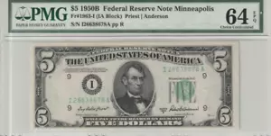 1950 B US $5 Federal Reserve Note - Minneapolis - PMG Graded as 64 EPQ - Picture 1 of 2