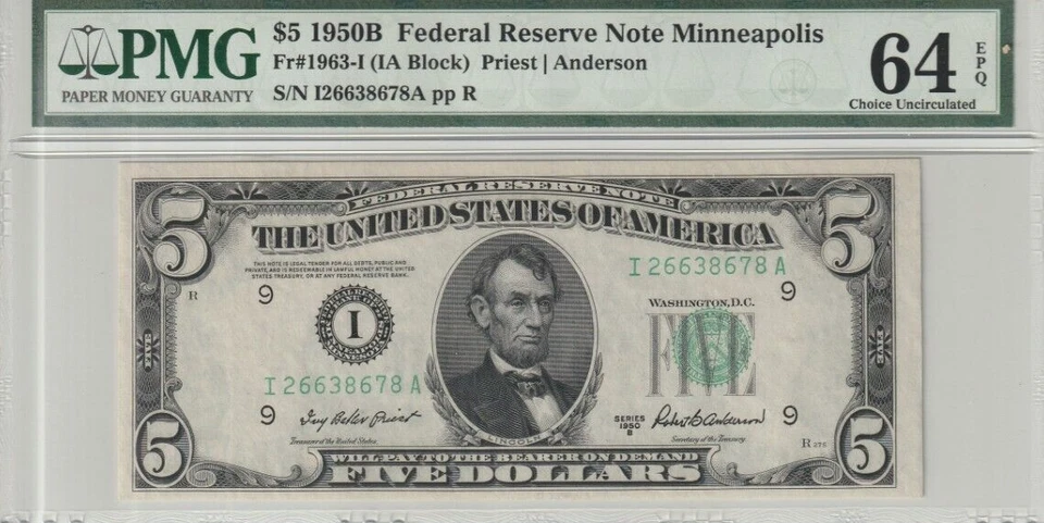 1950 B US $5 Federal Reserve Note - Minneapolis - PMG Graded as 64 EPQ - Image 1 of 2