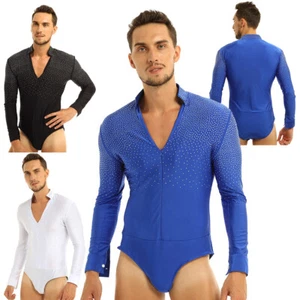 UK Men's One-Piece Bodysuit Long Sleeve V Neck Rompers Dance Undershirt Leotards - Picture 1 of 46