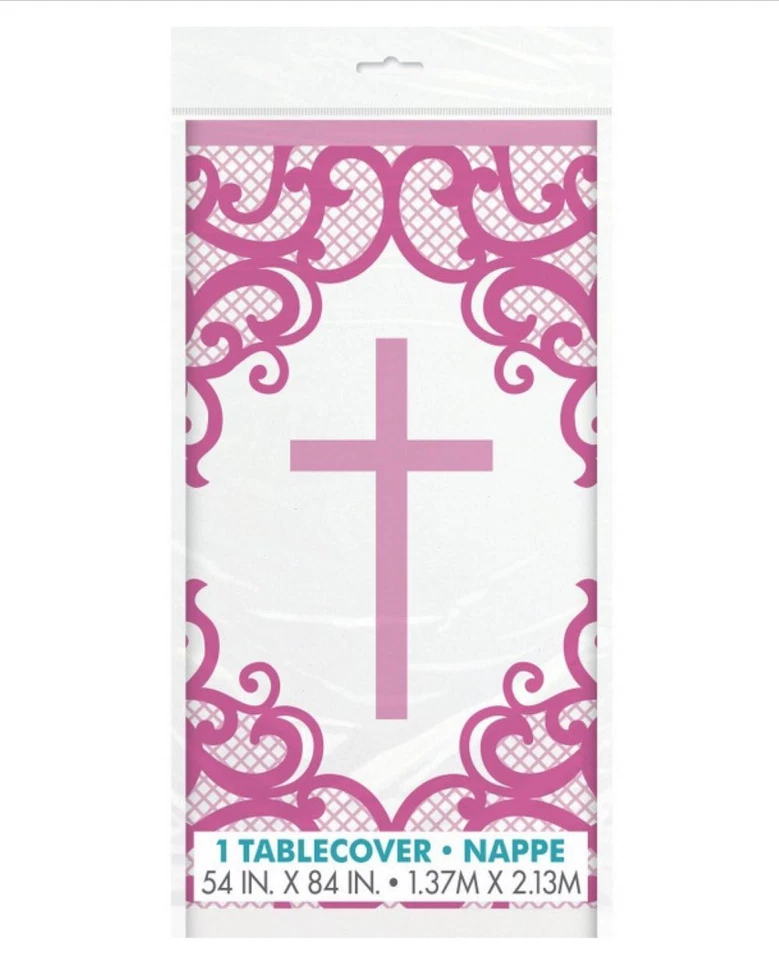 Fancy Pink Cross 1 Ct Plastic Tablecover 54 x 84 Baptism Confirmation Church - Image 1 of 1
