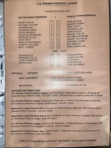 3/10/2000 IPSWICH V NOTTINGHAM FOREST Reserves Teamsheet - Picture 1 of 1
