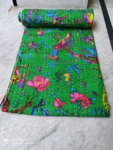 Handmade Cotton Kantha Bedspread Quilt Throw Blanket Queen Indian Bird Print - Picture 1 of 3