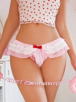 Женские Kawaii Sissy Knickers розовый атласный юбка цветочный оборки бикини трусики - Изображение 1 из 4