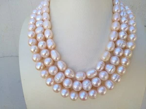 Collar de perlas rosadas del Mar del Sur con diseño barroco natural AAA+ de 3 filas de oro de 17" 14 k P - Imagen 1 de 6