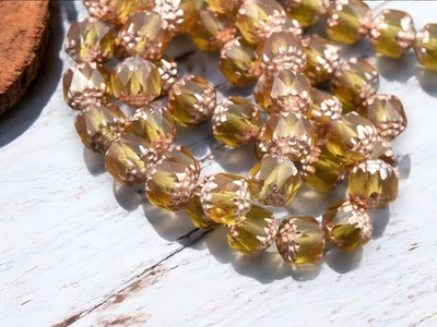 8mm Copper Washed Matte Yellow Topaz FP Cathedral Czech Glass Beads 15 Beads - Image 1 of 4