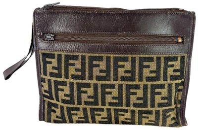 Authenticated FENDI Zucca Brown Canvas and Leather Trim Clutch Wristlet Bag Vtg - Image 1 of 4