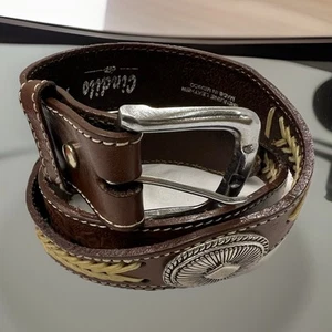 Cindilo Brown Leather Belt White Braides Conchos 38” Western Steel Buckle Unisex - Picture 1 of 19