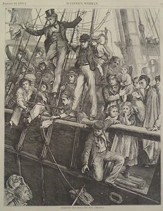 ENVÍO SALIENDO DE LA ANTIGUA INGLATERRA PARA AMÉRICA GRABADO HARPER'S SEMANAL 1870 - Imagen 1 de 2