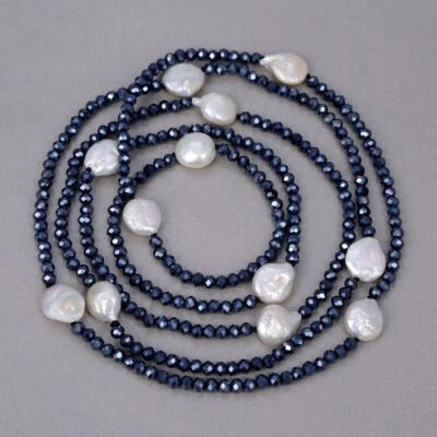 Collar de cadena suéter largo de cristal negro perla keshi blanca cultivada para mujer Foto 1 de 4