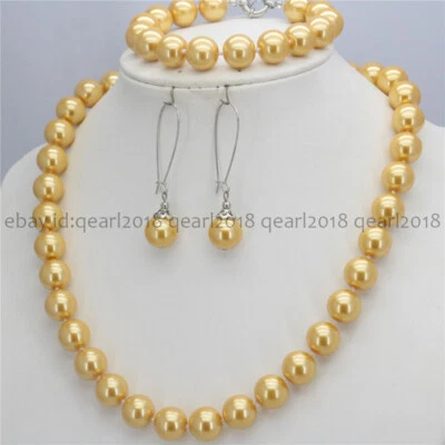 8/10/12mm South Sea Shell Pearl Round Beads Necklace Bracelet Earrings Set 18'' - Image 1 of 4