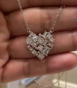 Women's 18" Platinum Plated AAA Zircon inlay 925 Sterling Silver Heart Necklace - Picture 1 of 7