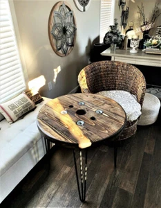 Dining Pub Outdoor Wooden Table 36" - Hairpin & Pipe Legs Round Coffee End Side - Picture 1 of 10