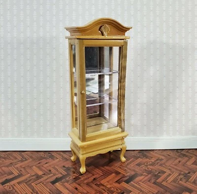 Dollhouse Curio Cabinet Mirrored Back Light Oak Finish 1:12 Scale Miniature - Image 1 of 4